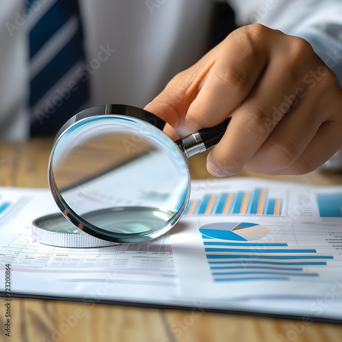 Close-up shot of a hand holding a magnifying glass over a document on portfolio management, highlighting the analytical process, planning steps, and business development concepts.