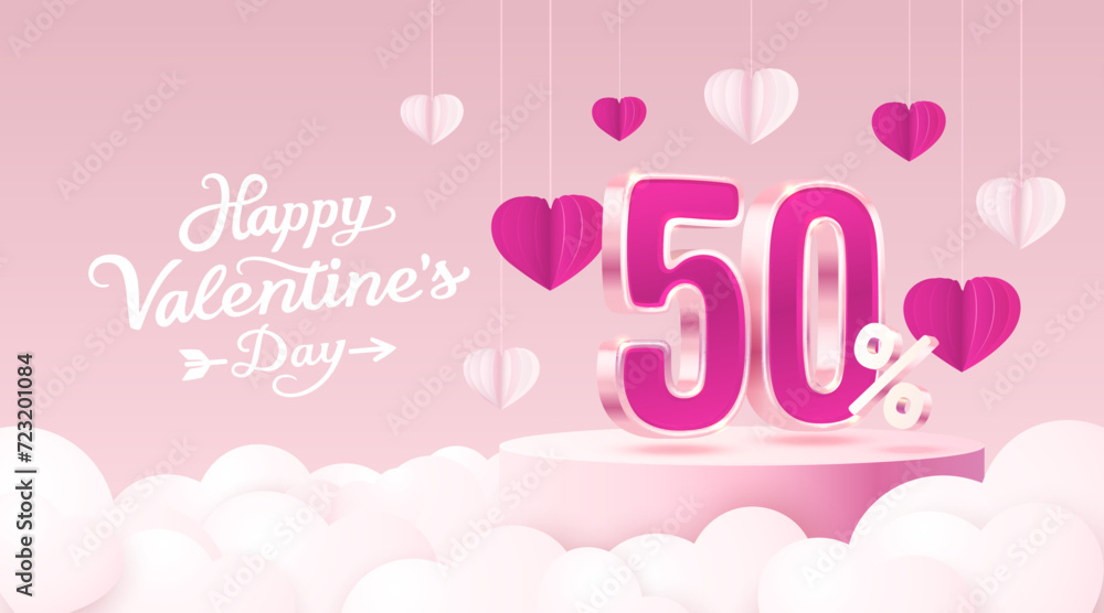 Happy Valentine day, Mega sale, special offer, 50 off sale banner. Sign board promotion. Vector illustration
