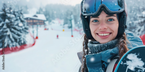 young beautiful girl in a snowboard mask in a winter sports suit against the backdrop of a snowy ski resort, woman, skiing, mountains, portrait, eyes, close-up, vacations, holiday, active recreation