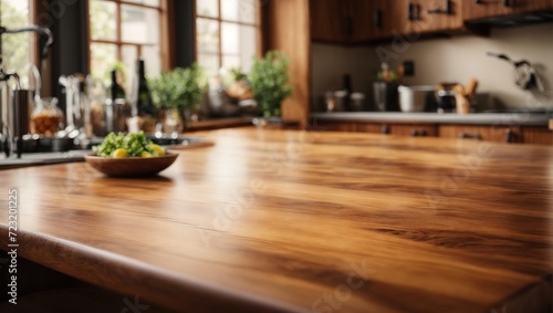 Wood table top with a blur kitchen room background, Medical design