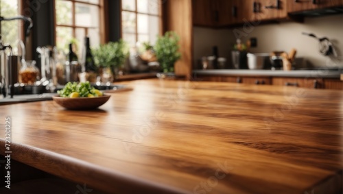 Wood table top with a blur kitchen room background  Medical design