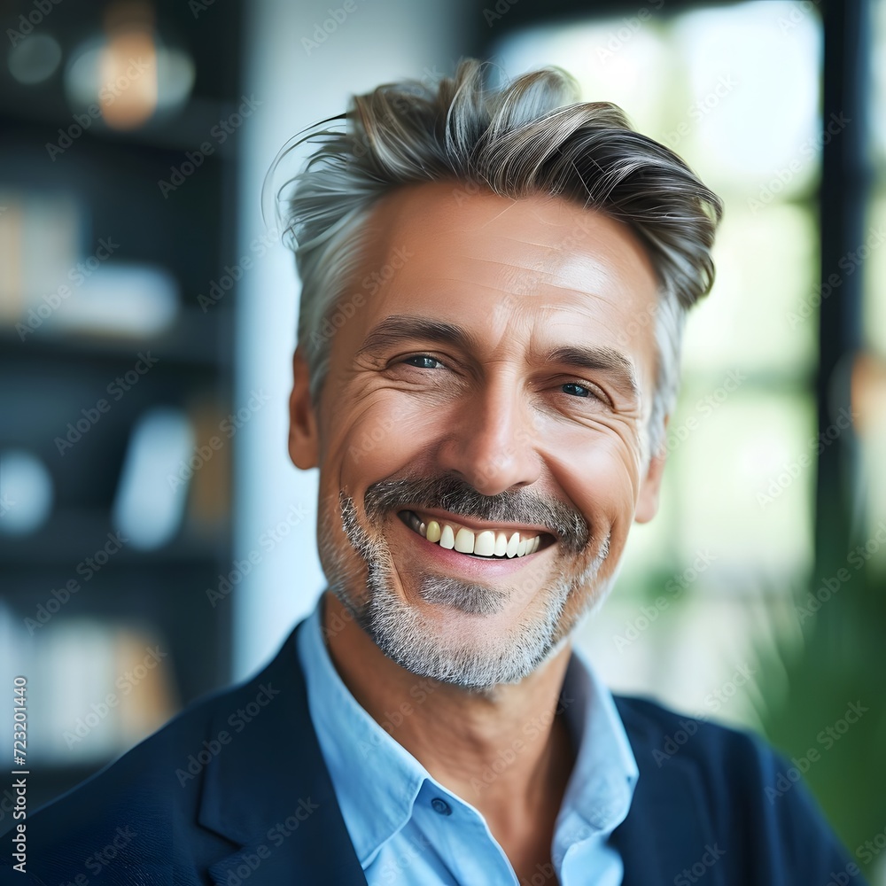 Close-up headshot portrait of a mature, smiling businessman with a confident and approachable demeanor, set in an elegant office environment. Close-up headshot portrait of a mature, smiling businessman with a confident and approachable demeanor, set in an elegant office environment.