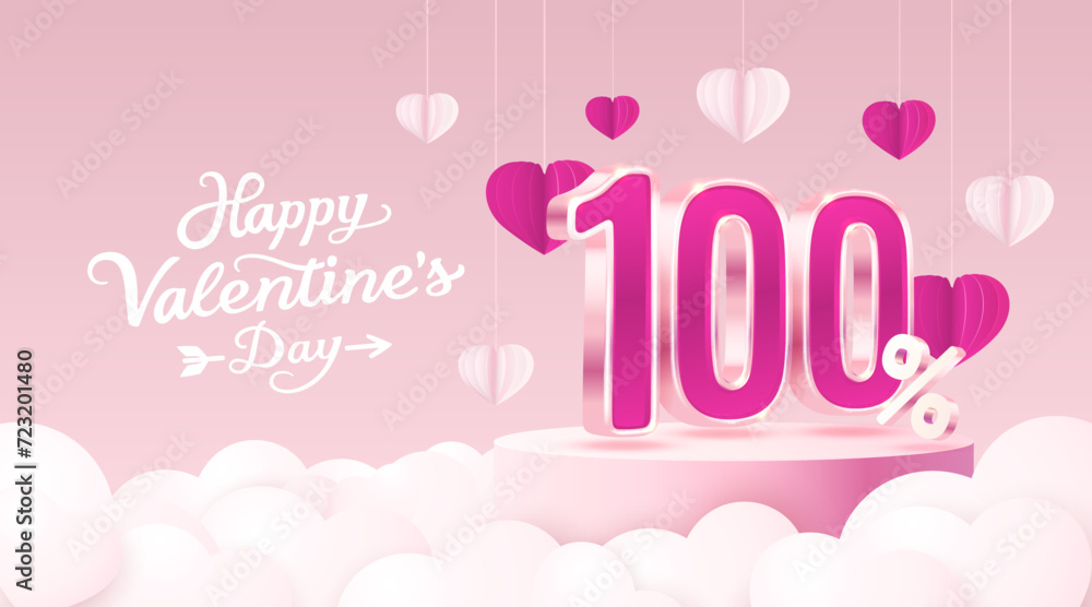 Happy Valentine day, Mega sale, special offer, 100 off sale banner. Sign board promotion. Vector illustration