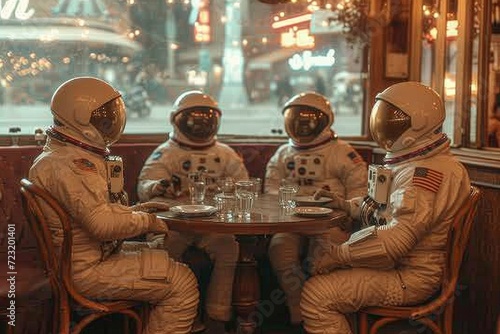 Amidst the warm wooden furniture, a group of astronauts gather around the dining table, their faces illuminated by the soft light streaming in from the window, their clothing a reminder of their huma photo