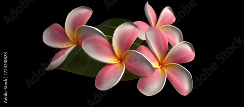 Plumeria  Frangipani  Graveyard tree  Close up pink single head plumeria flower bouquet on stalk isolated on black background