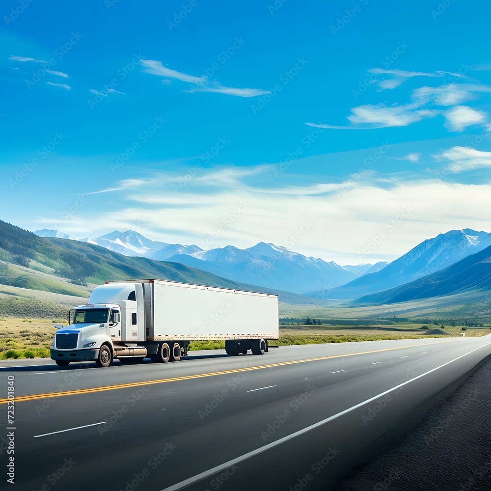 White cargo truck with a blank empty trailer driving on a highway road in the United States, set against beautiful mountainous scenery and clear blue sky.