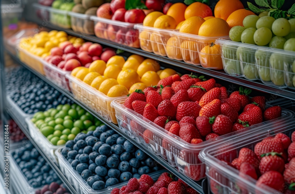 A colorful array of natural, locally-sourced fruits, including superfoods and seedless berries, on display at the greengrocer's marketplace, perfect for those seeking a diet rich in whole foods and v