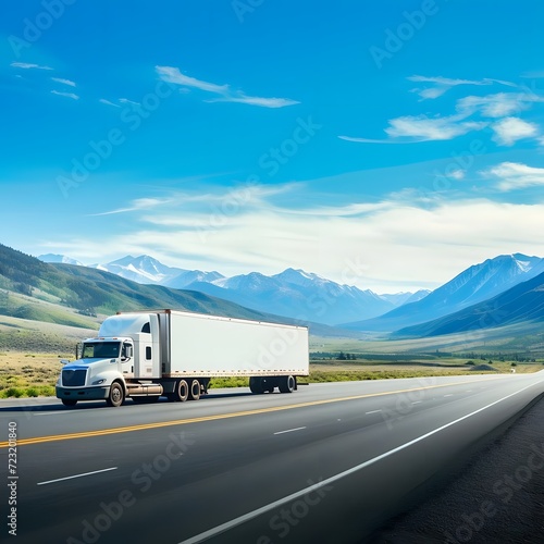 White cargo truck with a blank empty trailer driving on a highway road in the United States, set against beautiful mountainous scenery and clear blue sky.