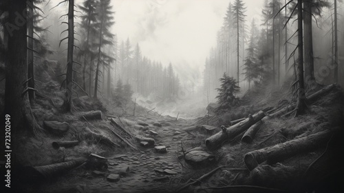 A 2D charcoal sketch of a forest transitioning into a 3D photo-realistic landscape