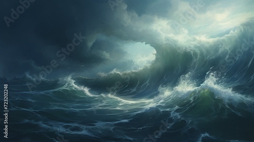A 2D classical painting of a stormy sea transitioning into a 3D tempest with realistic waves