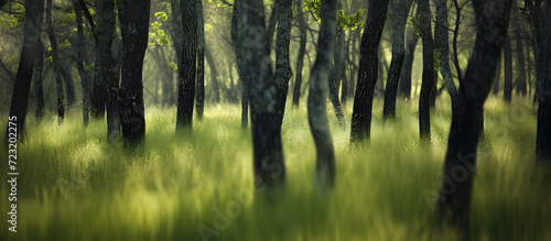 an image of a green grassy forest scene with trees in