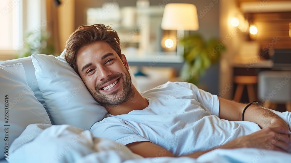 Fototapeta premium Joyful male patient lying on comfortable hospital bed wearing white attire with a content expression