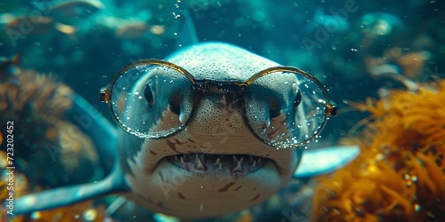 A curious fish sporting spectacles explores the vibrant underwater world of the reef, swimming alongside fellow marine organisms while keeping a watchful eye for any lurking sharks