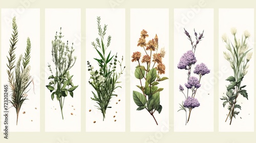 Minimal natural floral bannerwith summer wild flower and grass. Botanical pattern from different meadow herbs and field bloom plants.