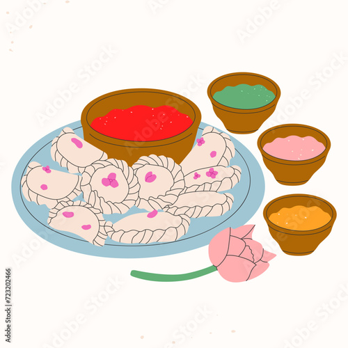 Vector set of traditional Indian sweets.Indian holiday desserts with flowers.Concept of the Indian festival Holi,Diwali ect.Template for print,menu,congratulations,poster.Vector illustration EPS 10
