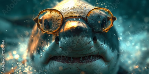 A stylish shark explores the depths of the ocean, equipped with trendy goggles for a clear underwater view