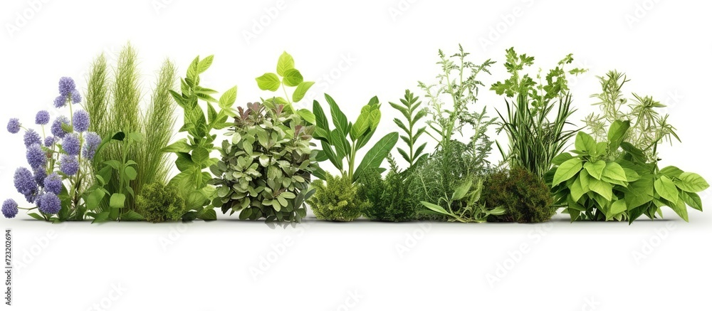 Rosemary, mint, lavender, sage and thyme collection. Creative banner with fresh herbs bunch on white background. - obrazy, fototapety, plakaty 