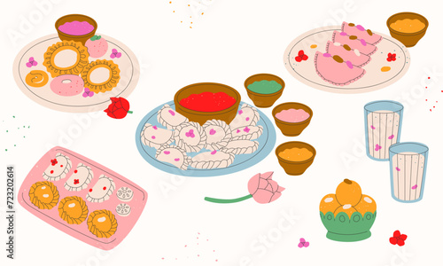Vector set of traditional Indian sweets.Indian holiday desserts with nuts and flowers.Concept of the Indian festival Holi,Diwali ect.Template for print,menu,congratulations.Vector illustration EPS 10