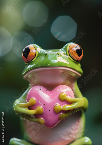 little cute ceramic green frog holding a pink glass heart in its paws  love  valentine s day  february 14  card  romance  pet  toad  animal  figurine  character  illustration