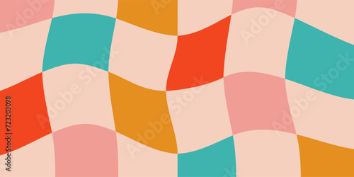 Christmas wavy groovy checker vector background. Retro holiday fluid abstract checkerboard backdrop. Xmas curved distorted check abstract geometric pattern. Pink, red, green, and gold color