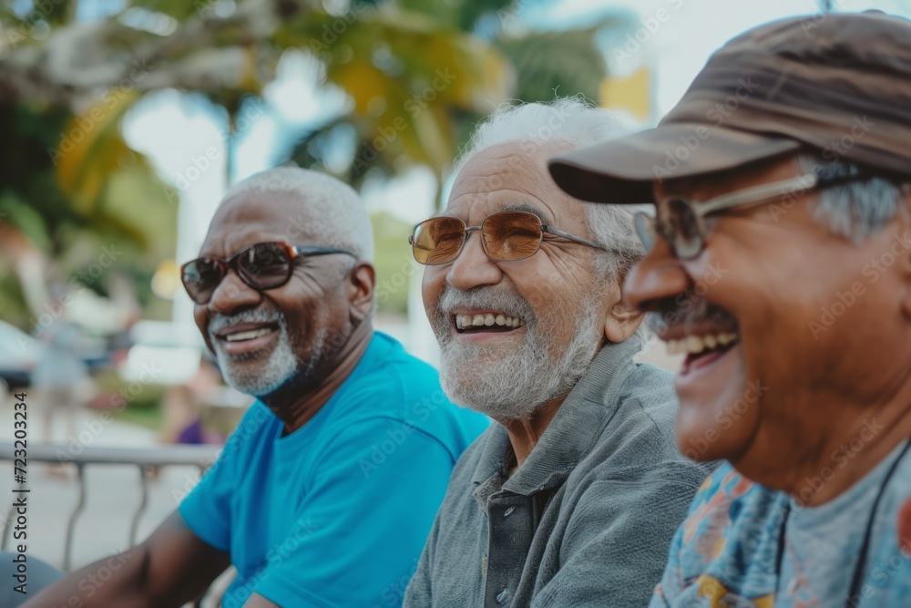 Obraz premium Group of happy pensioners in Florida. Elderly 70 years old friends