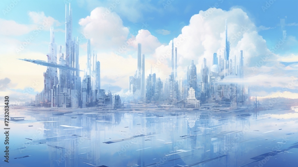 A 2D watercolor cityscape transitioning into a 3D futuristic metropolis