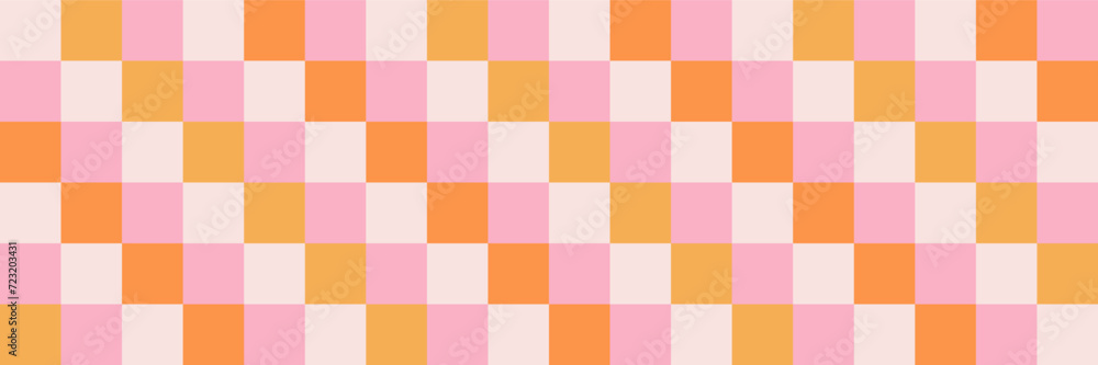 Checkerboard retro groovy background. Geometric pastel square texture in vintage y2k style. Hippie 70s pattern. Plaid pattern background. Pink and yellow colors.