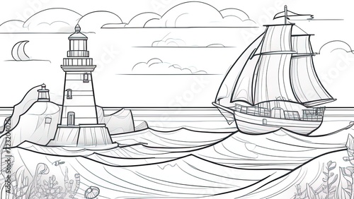 Coloring book for children and adults. . Sea landscape with an old sailboat and lighthouse. Black and white drawing. Printable page.
