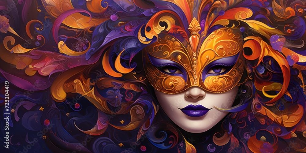 A vibrant Mardi Gras carnival mask adorned with beads, feathers, and festive decorations against a colorful background. A vibrant Mardi Gras carnival mask adorned with beads, feathers, and festive decorations against a colorful background.