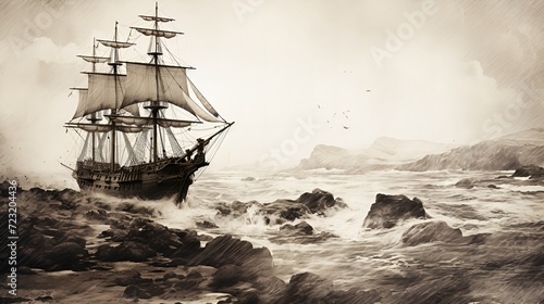 Nautical Odyssey: Vintage Sailing Ship Braving the Stormy Seas