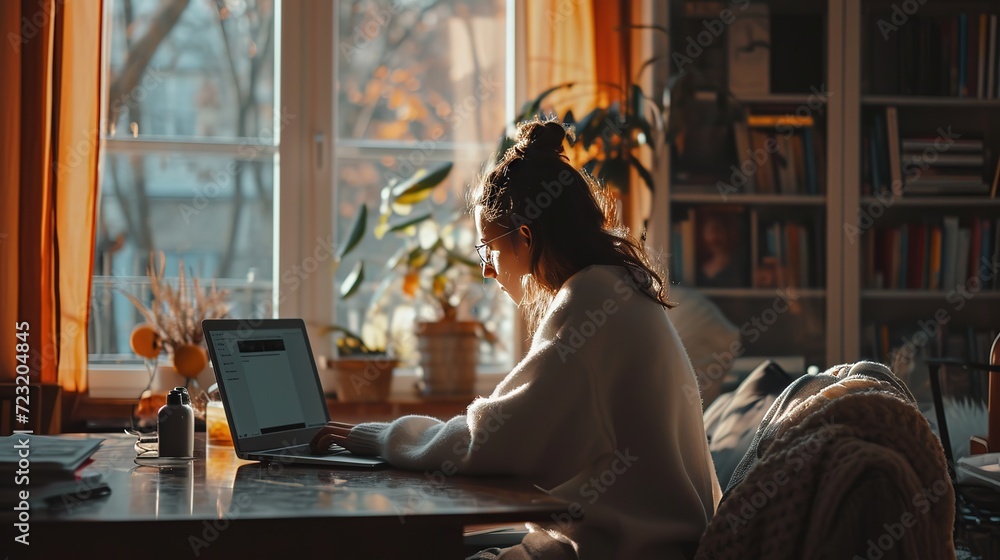 Warm sunlight bathes a serene home office where a woman is focused on her laptop, surrounded by the comfort of plants and books.