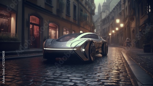 A futuristic vehicle hovering over a 2D traditional cobblestone street
