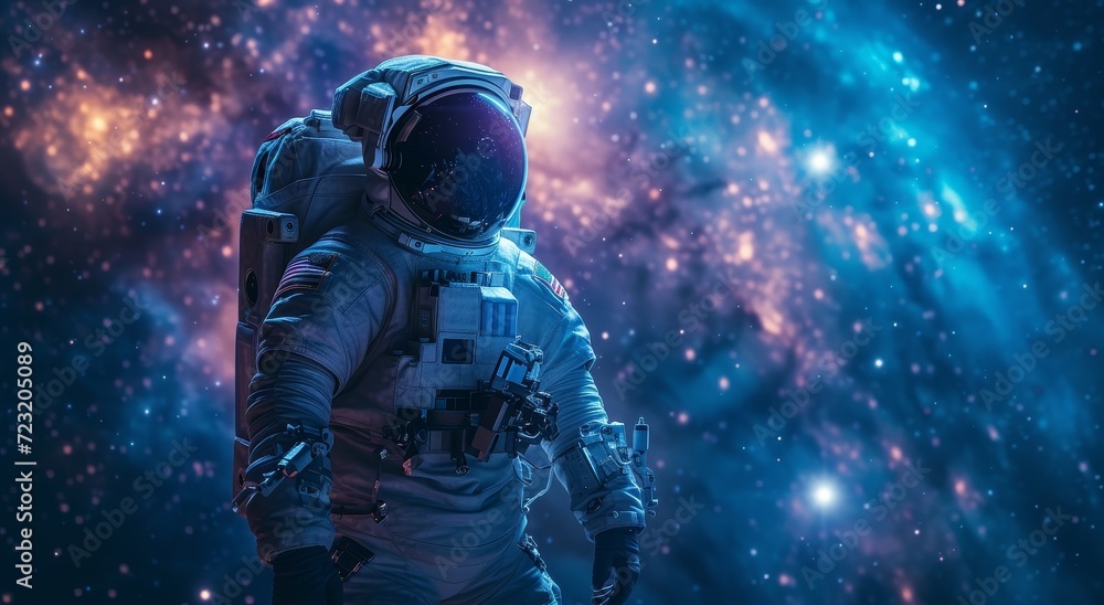 A lone astronaut gazes out into the vast expanse of outer space, surrounded by twinkling stars and clad in a protective pressure suit, embodying the bravery and isolation of space exploration