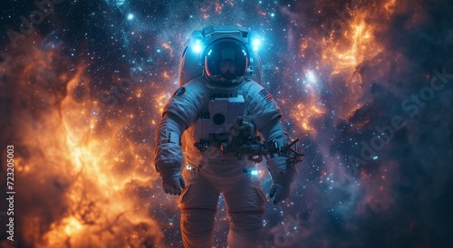 An astronaut's solitary journey through the vast expanse of space is interrupted by a powerful weapon in hand, raising questions of danger, purpose, and the unknown