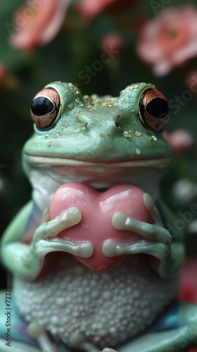 little cute ceramic green frog holding a pink glass heart in its paws  love  valentine s day  february 14  card  romance  pet  toad  animal  figurine  character  illustration