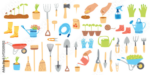 Big set of hand drawn garden elements. Cartoon flat illustration of farm equipment, agriculture items