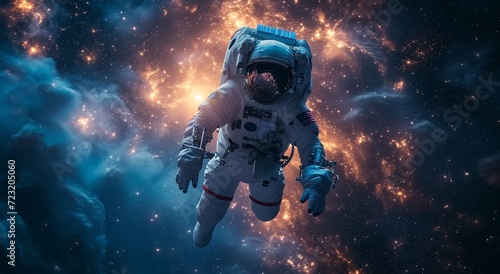 A lone astronaut navigates through a breathtakingly vibrant galaxy, filled with shimmering stars and mysterious nebulas, in this visually stunning digital compositing artwork for a thrilling pc actio