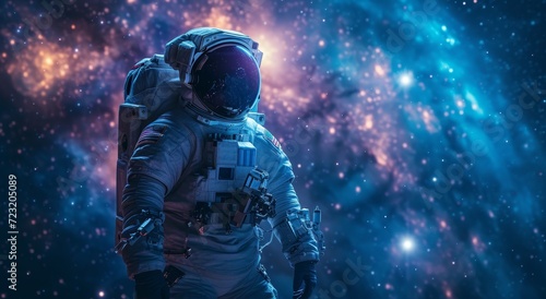 A lone astronaut gazes out into the vast expanse of outer space, surrounded by twinkling stars and clad in a protective pressure suit, embodying the bravery and isolation of space exploration