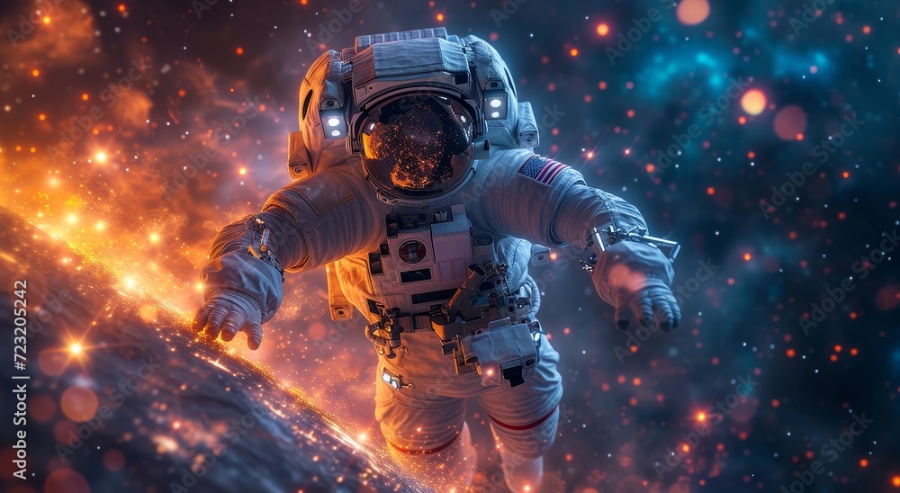 A lone astronaut braves the fiery inferno of a malfunctioning spacecraft, their helmet providing the only barrier between them and the unforgiving void of space
