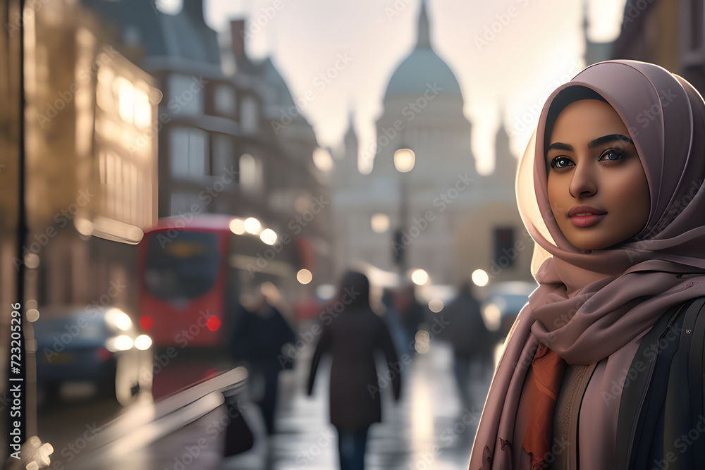 hijabi woman walking in the city