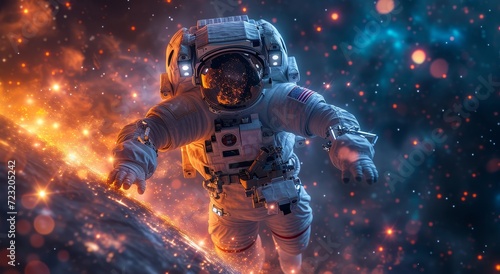 A lone astronaut braves the fiery inferno of a malfunctioning spacecraft  their helmet providing the only barrier between them and the unforgiving void of space