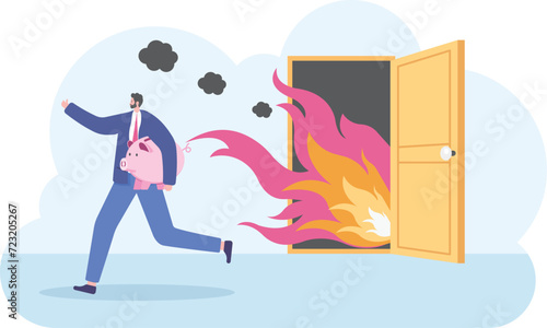 Businessman carry money run away from fire, vector illustration 

