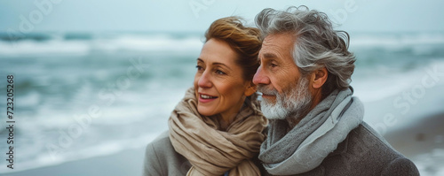 portrait of an elderly happy mature couple by the sea photo