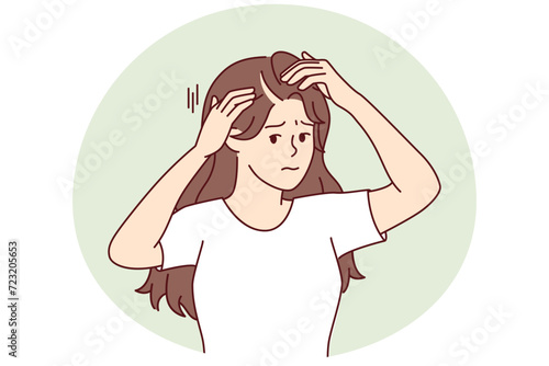 Woman suffering from hair loss touching head looking at scar through mirror. Girl with sad face looks at camera demonstrating problem area in hair needs help of beautician. Flat vector image