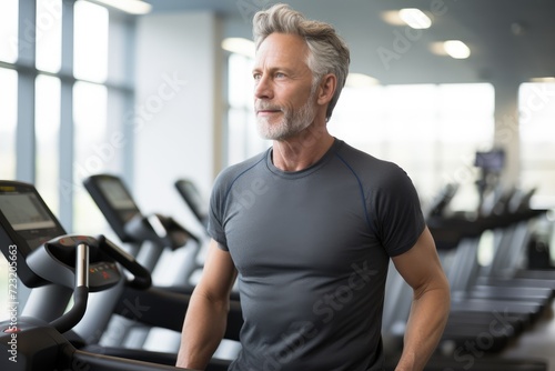 Mature man walking on a treadmill at the gym