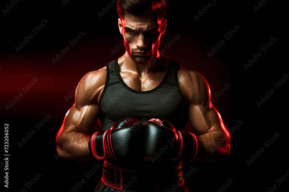 Angry MMA fighter stand wearing boxing gloves on a black background. ai generative
