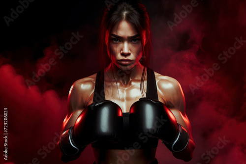 Angry MMA woman fighter stand wearing boxing gloves on a black background. ai generative photo