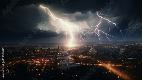A 3D animated thundercloud with 2D lightning strikes illuminating a city