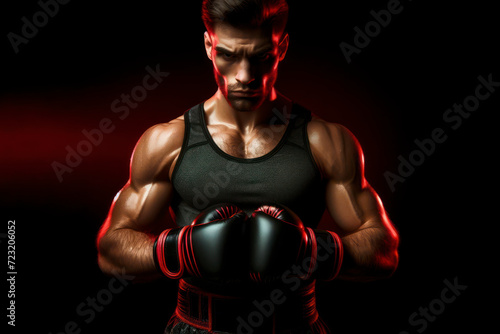 Angry MMA fighter stand wearing boxing gloves on a black background. ai generative © Igor