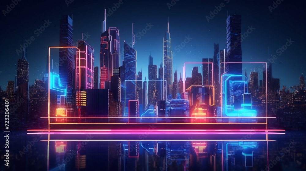 A 3D glass city reflecting 2D neon signs in a dynamic night scene